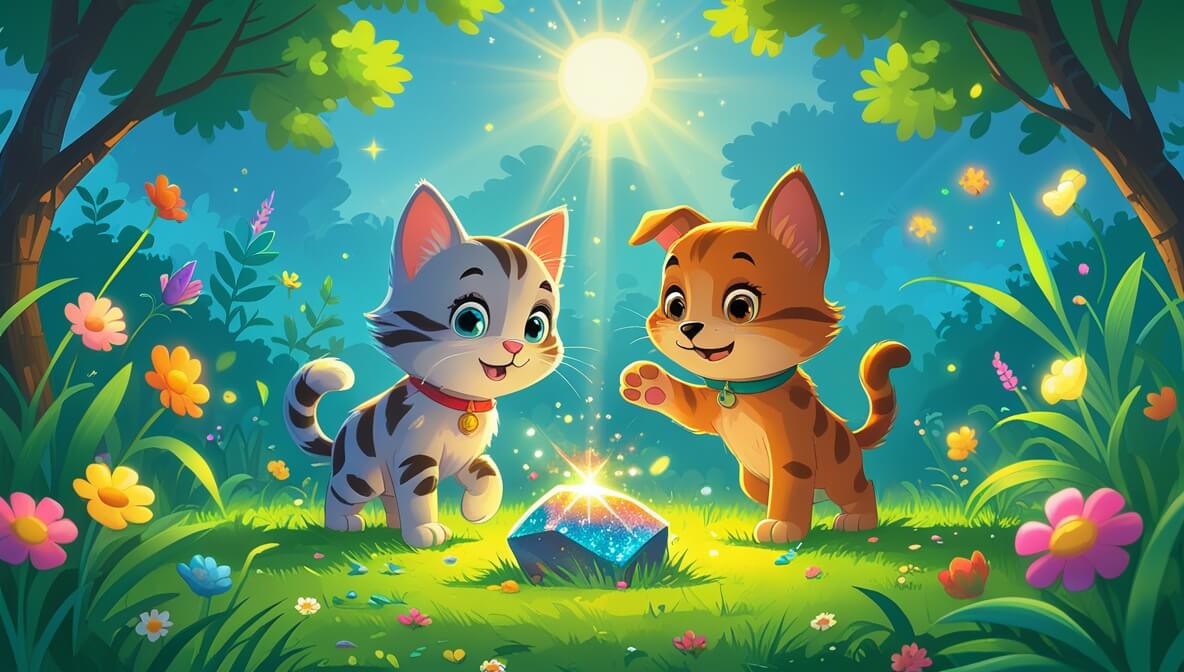 Curious kitten and playful puppy in a vibrant garden, discovering a sparkling stone under the bright sun.