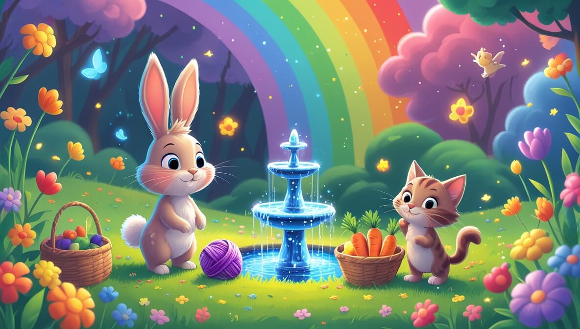 Fluffy bunny and curious kitten by a magic fountain in a colorful meadow, surrounded by carrots and yarn.