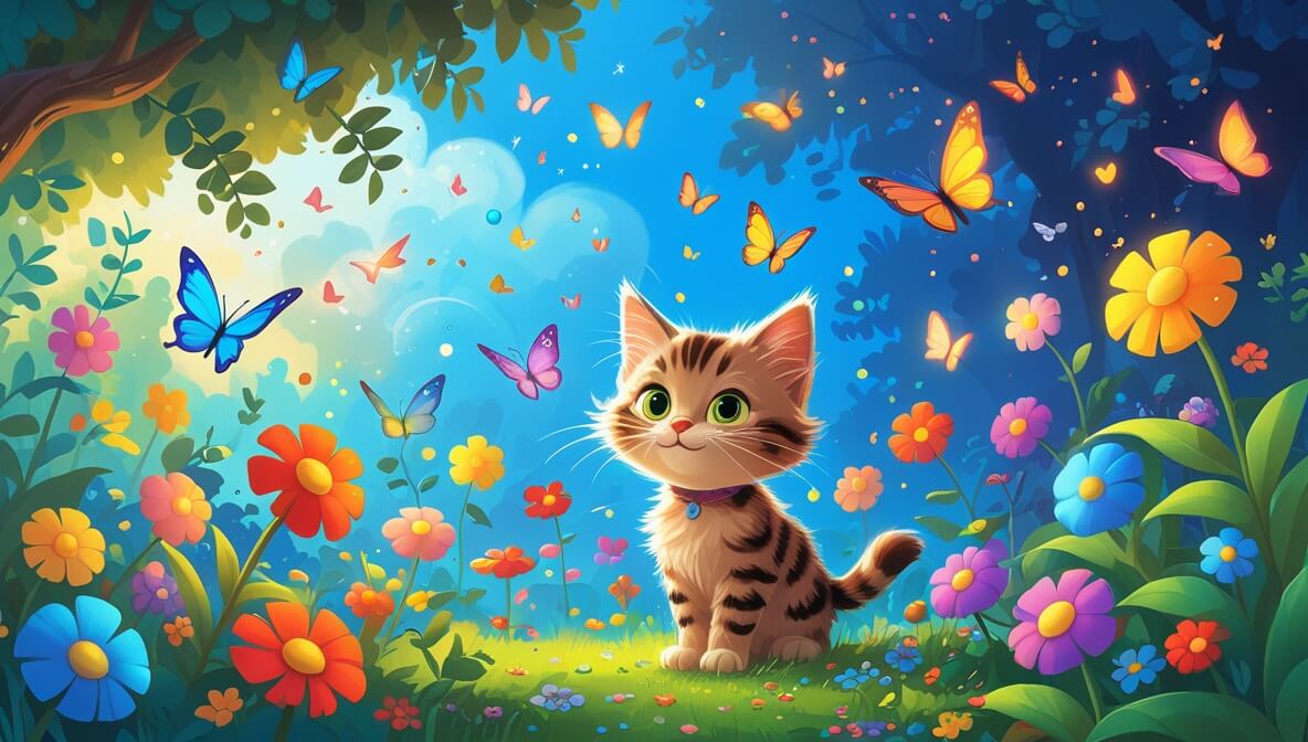 Curious kitten in a colorful garden with giggling flowers and dancing butterflies under a bright blue sky.