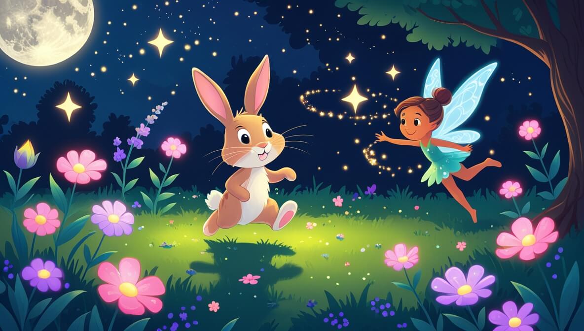 Bunny hopping in a moonlit garden with fairy twirling among glowing flowers under twinkling stars.