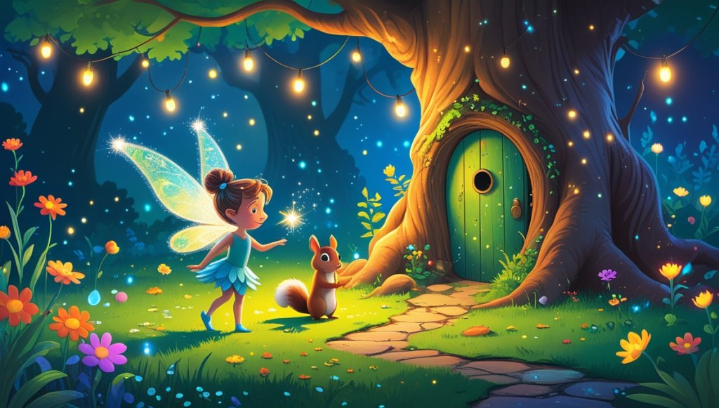 Fairy with shimmering wings and squirrel by a tiny tree door, surrounded by vibrant flowers and twinkling lights.