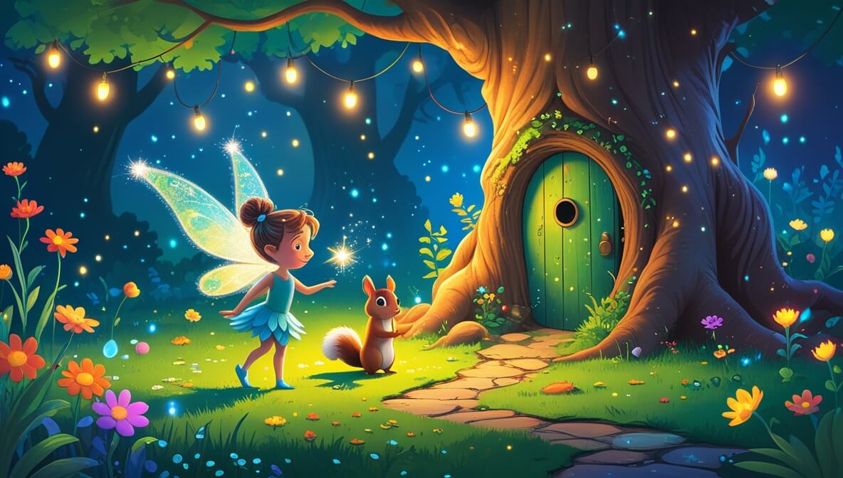 Fairy with shimmering wings and squirrel by a tiny tree door, surrounded by vibrant flowers and twinkling lights.