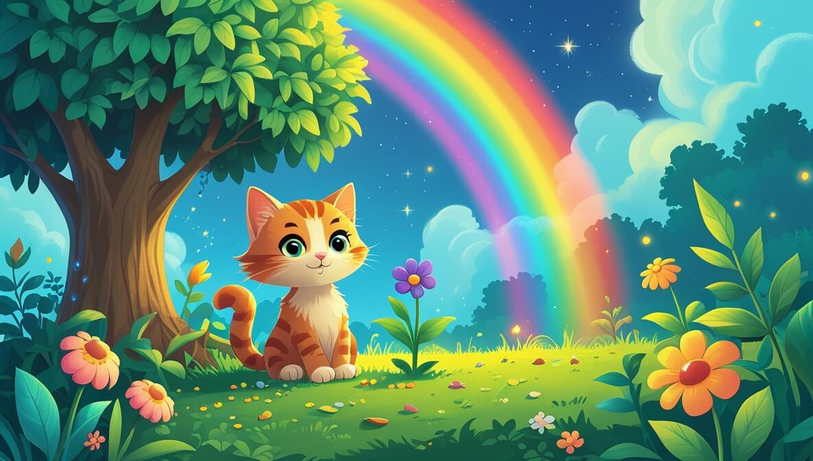 Playful kitten and colorful flower under a leafy bush with a bright rainbow arcing across the sky.