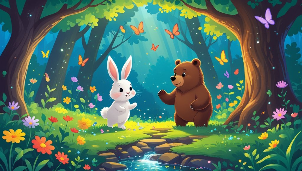 Fluffy white bunny and brown bear in a vibrant garden with blooming flowers, butterflies, and a sparkling stream.