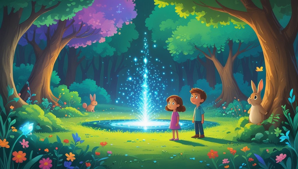 Curious boy and clever girl by a magical spring in a lush forest, watched by a wise rabbit.