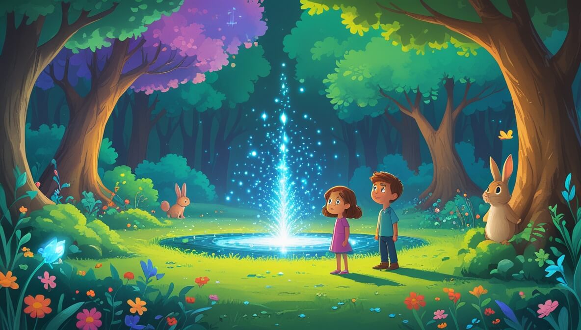 Curious boy and clever girl by a magical spring in a lush forest, watched by a wise rabbit.