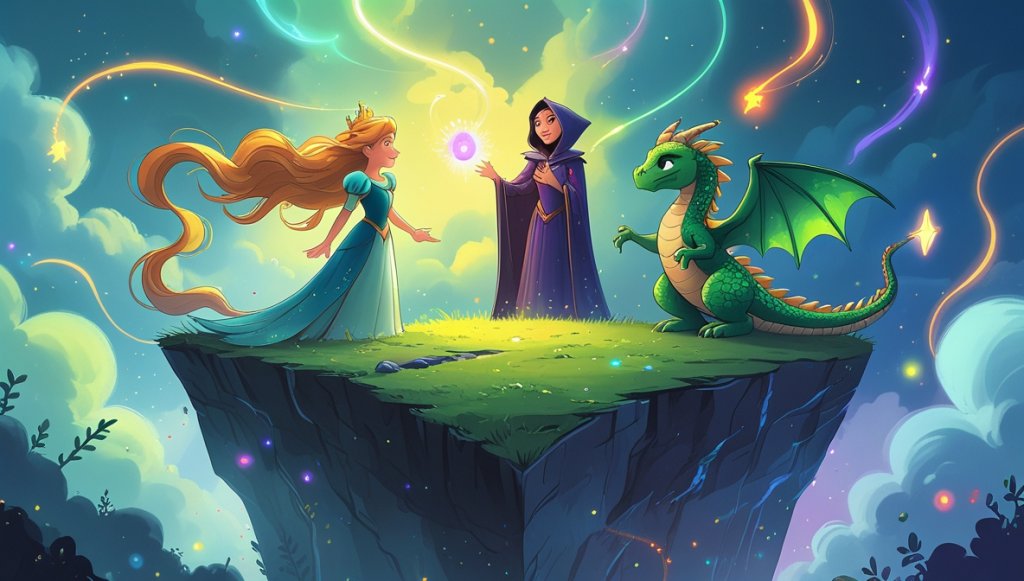 Golden-haired princess and emerald-scaled dragon on a stormy cliff with a magical sorceress under vibrant skies.