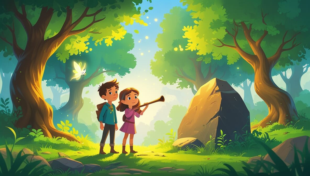 Two siblings in a sunlit forest clearing, holding a glowing flute, with a playful sprite nearby.