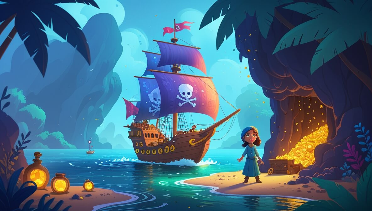 Pirate ship in a misty lagoon, led by Captain Barnacle Beard, near a treasure-filled cave with shimmering jewels.
