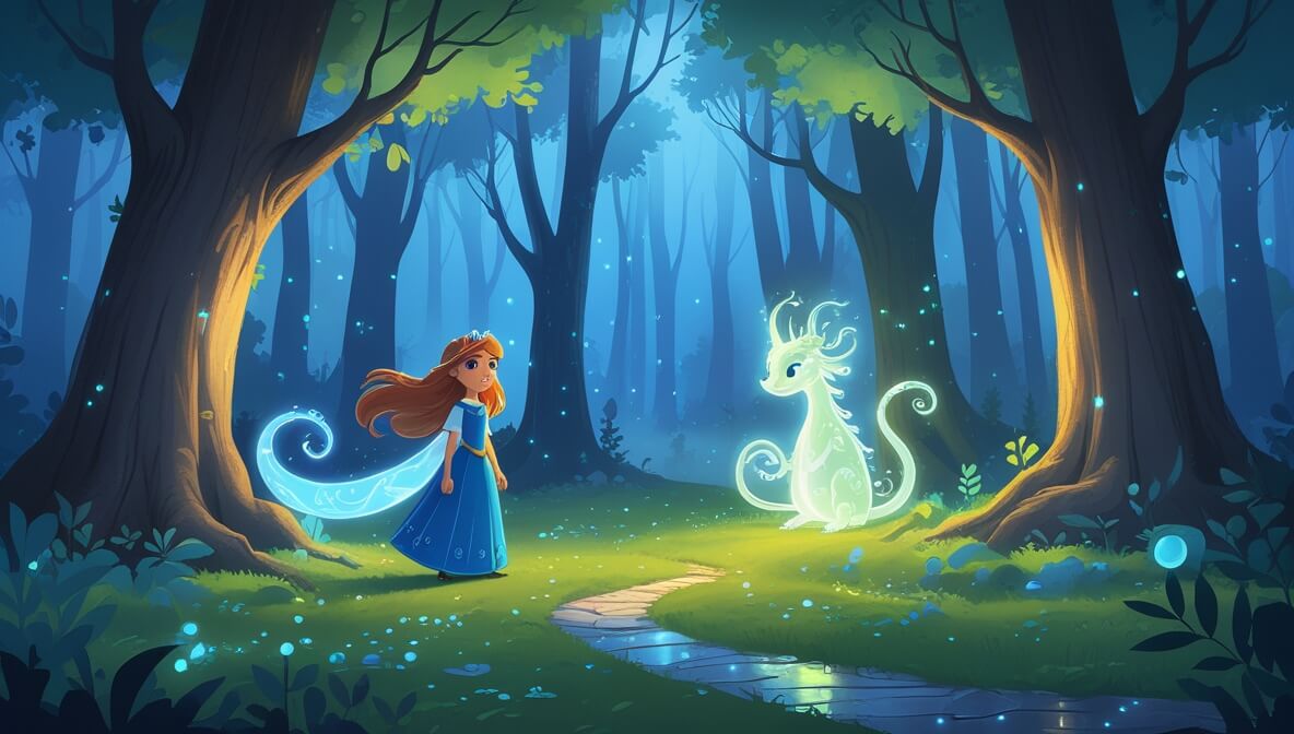 Brave princess with flowing hair and a glowing creature in a mystical forest with silver paths and soft light.