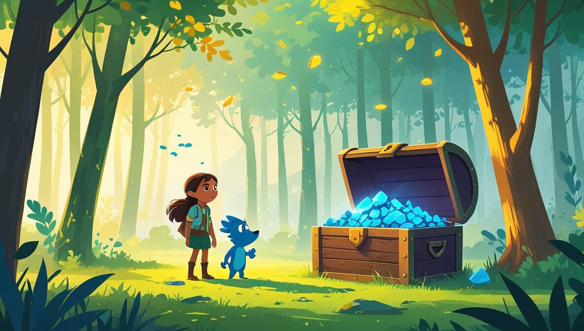 Young explorer Zara and wise Finn beside a treasure chest with glowing blue stones in a sunlit forest clearing.
