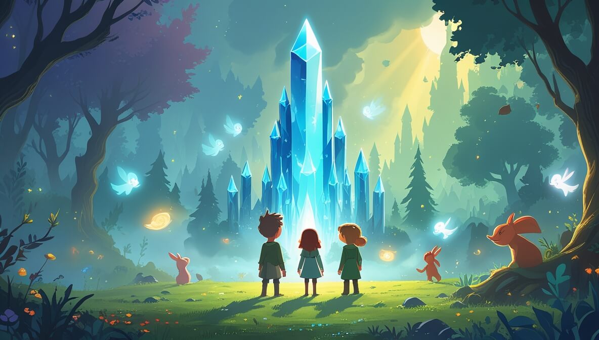 Elowen and Finnian before a crystal spire in a foggy, enchanted forest with sunlight breaking through.