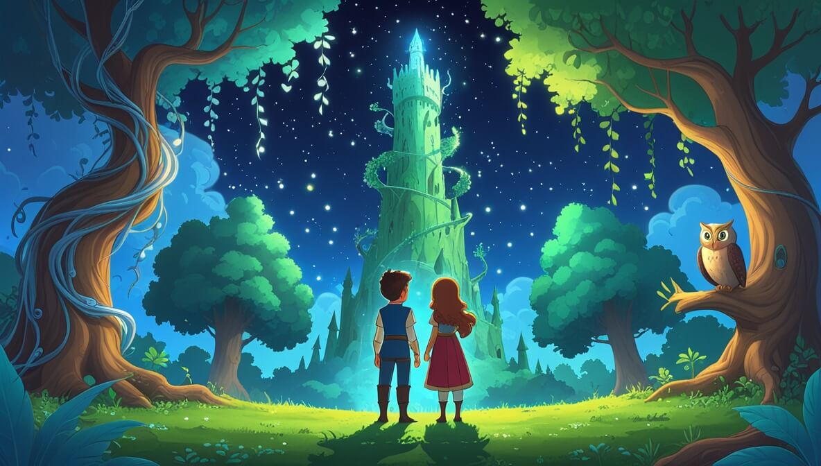 Princess and Prince by the mystic tower in an emerald forest under a starry sky, with an enchanted owl nearby.
