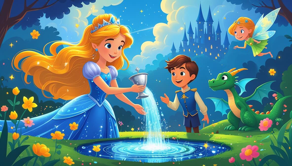 Princess with golden hair pours water, blooming flowers, blue sky, playful dragon, and tiny fairy watching joyously.