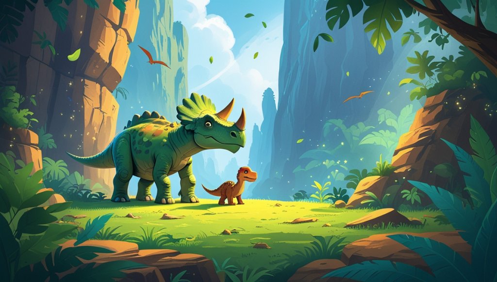 Curious Triceratops and young Velociraptor exploring a lush jungle by a vast canyon under a gentle breeze.