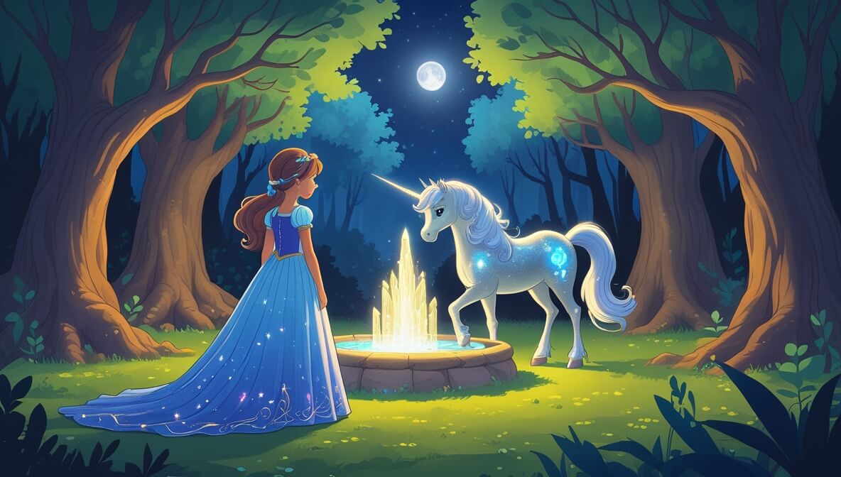 Princess Liora with Starflame the unicorn by a glowing crystal fountain in a moonlit magical forest.