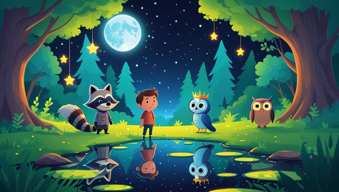 Boy and girl by a glowing pond, raccoon with monocle, owl with crown, stars twinkle in lush moonlit forest.