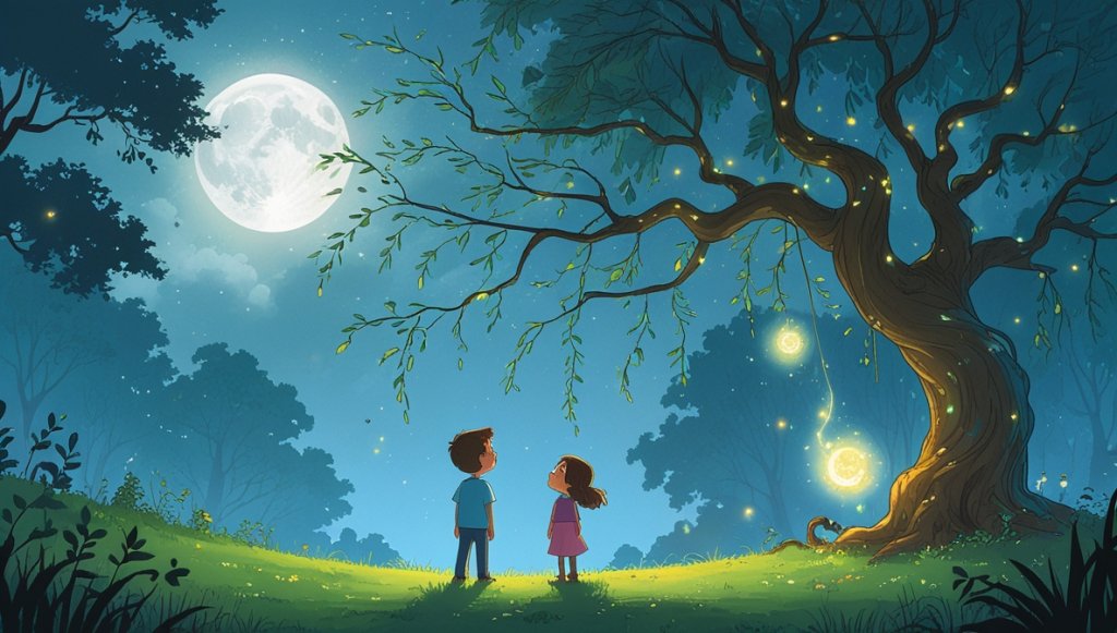 Children in a moonlit forest, captivated by a glowing willow tree and shimmering Willow Spirit.
