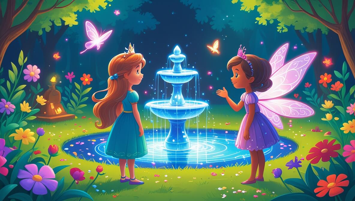 Princess and fairy by a gleaming fountain in a vibrant garden, surrounded by colorful whispering flowers.