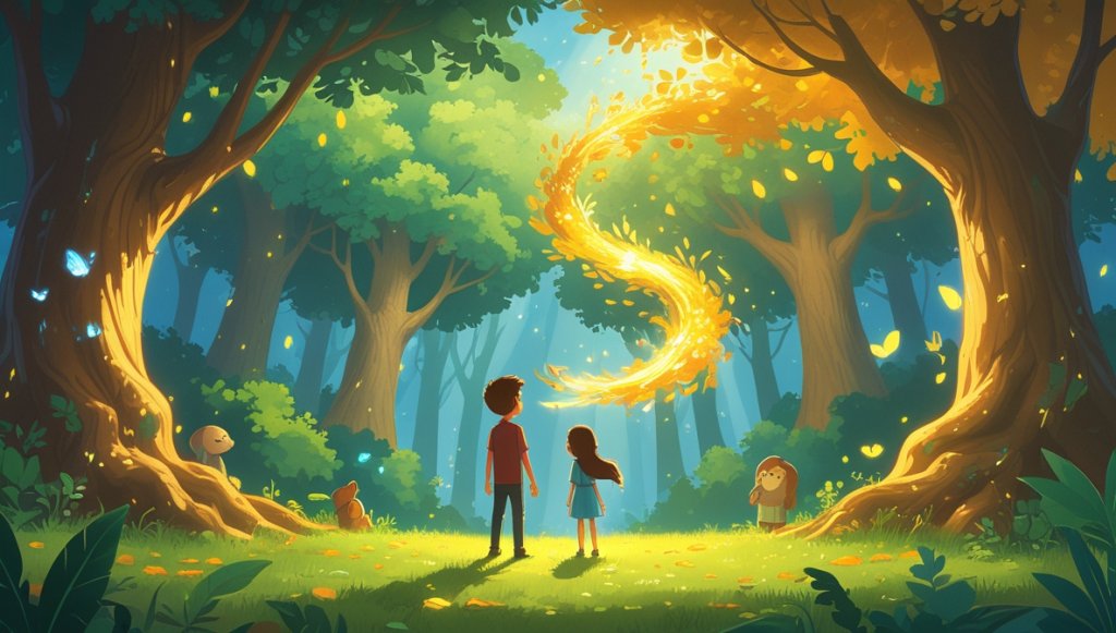 Dax and Mira in a sunlit forest, meeting Whimsy, a sparkling sprite with shimmering wings amid golden leaves.