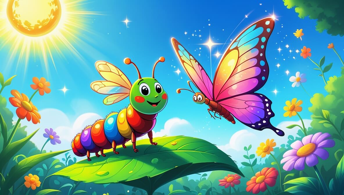 Tilly the caterpillar with new wings beside Benny the butterfly in a colorful garden under a clear blue sky.