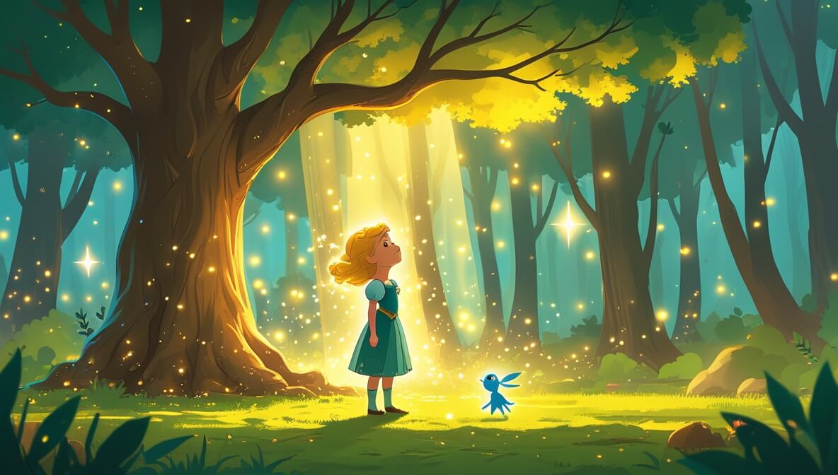 Princess in a glowing forest clearing, gazing at an ancient tree, surrounded by sparkles and a playful sprite.