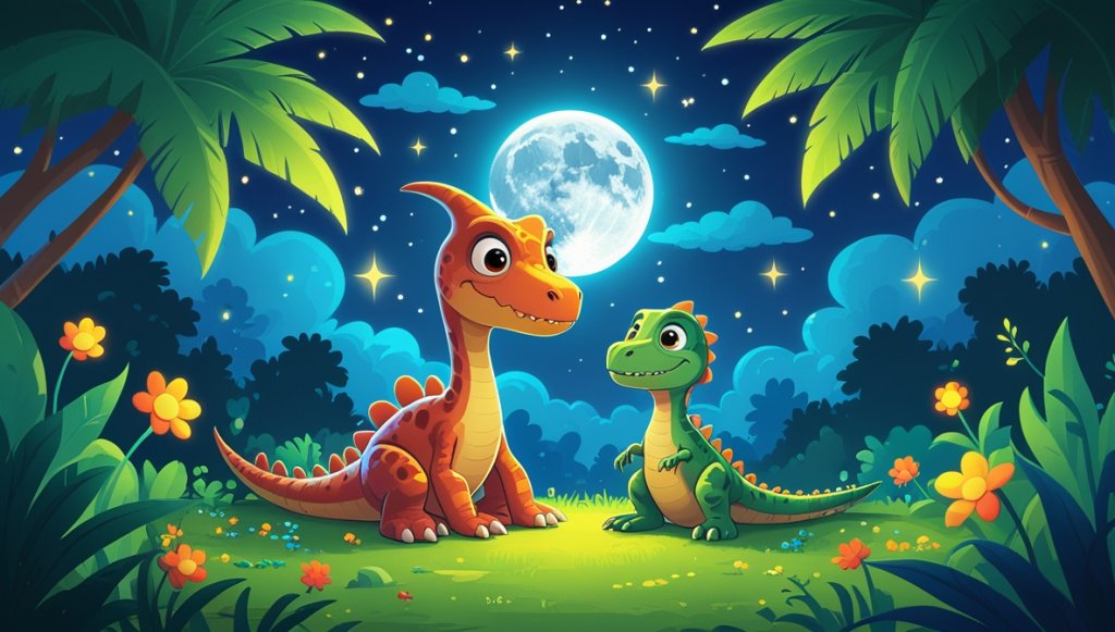 Pterodactyl and baby Velociraptor under full moon in lush jungle, surrounded by colorful flowers and twinkling stars.