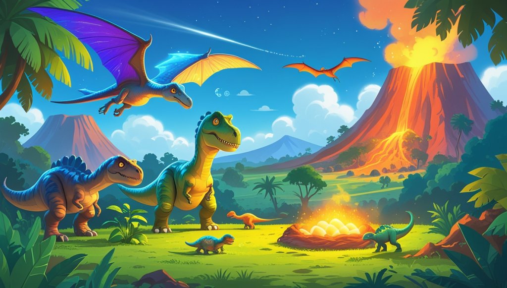 Blue-winged Pterodactyl soars over a lush prehistoric valley with dinosaurs and a steaming Volcano Guardian nearby.