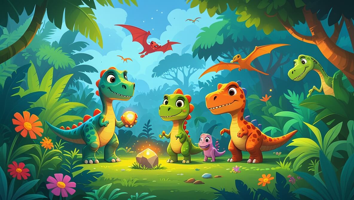 Curious dinosaur Ziggy holds a glowing stone in a vibrant jungle with friends Tara, Benny, and Luna ready for adventure.