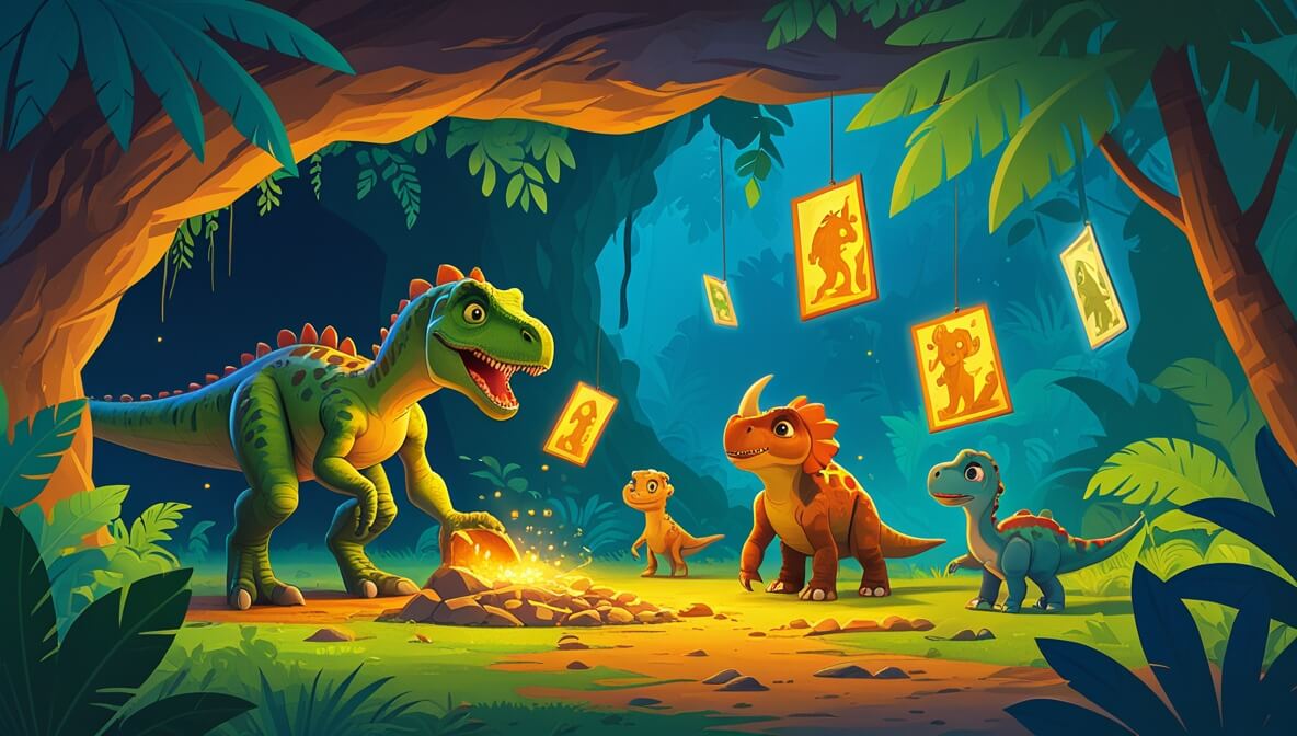 Zogo the Velociraptor discovers a cave with glowing paintings, surrounded by Terra, Pippo, and Glimmer in a lush jungle.