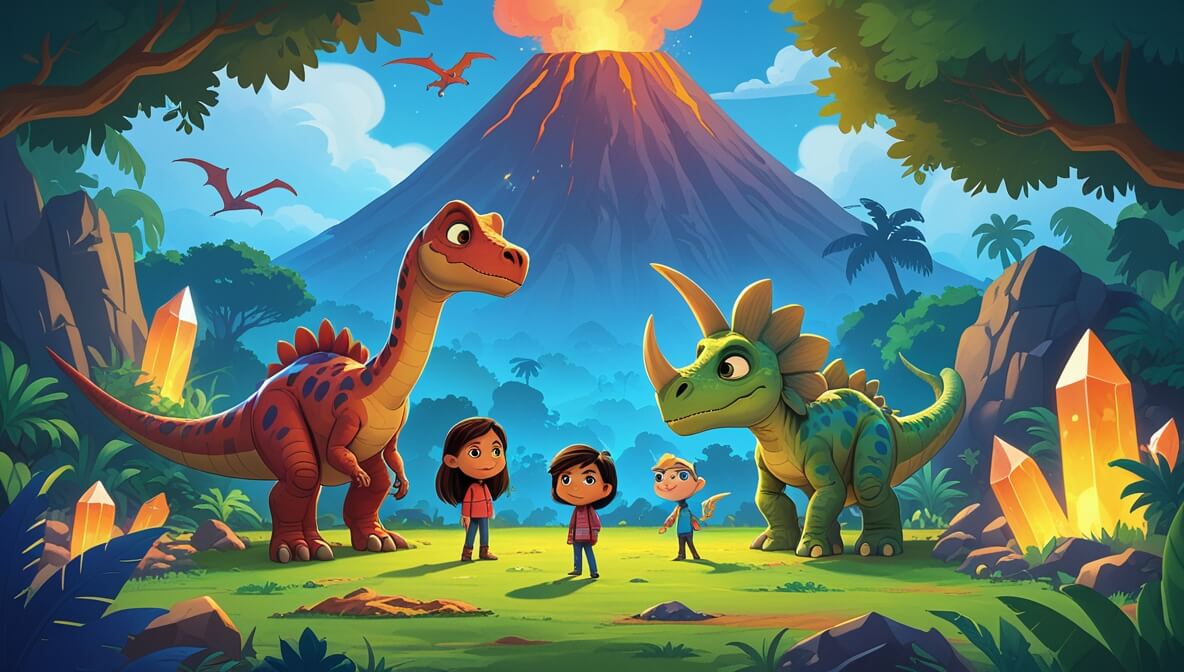 Curious Velociraptor, Triceratops, and Pterodactyl explore a glowing chamber with crystals in a jungle valley.