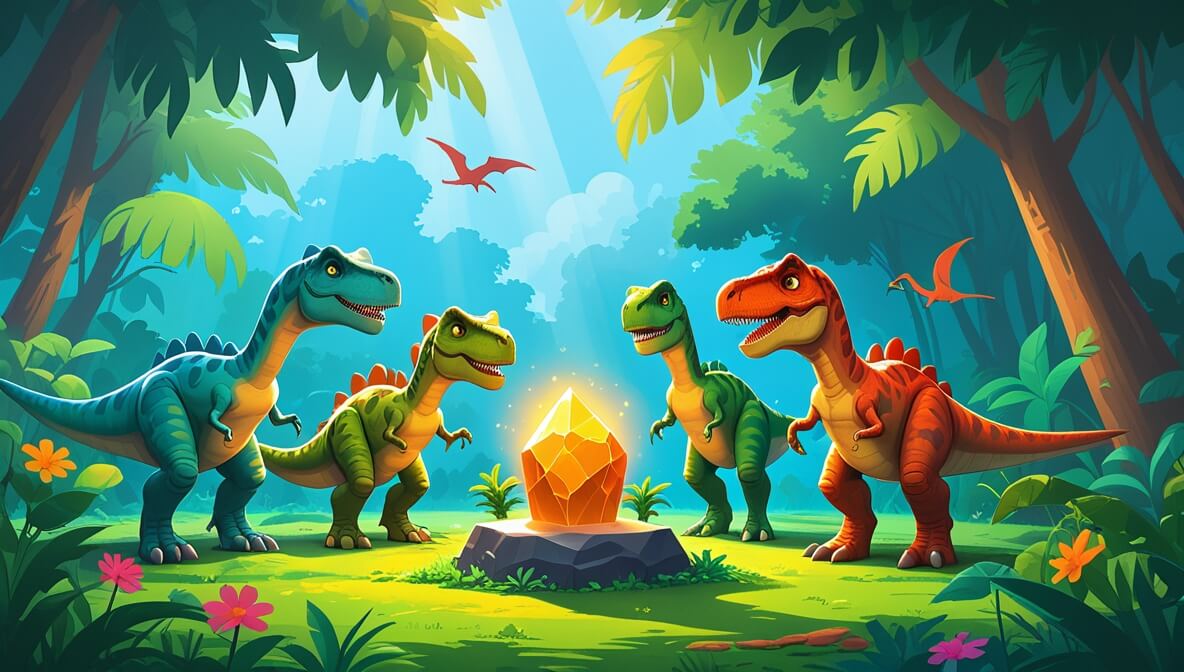 Four vibrant dinosaurs around a glowing stone in a lush jungle with sunlight filtering through the canopy.